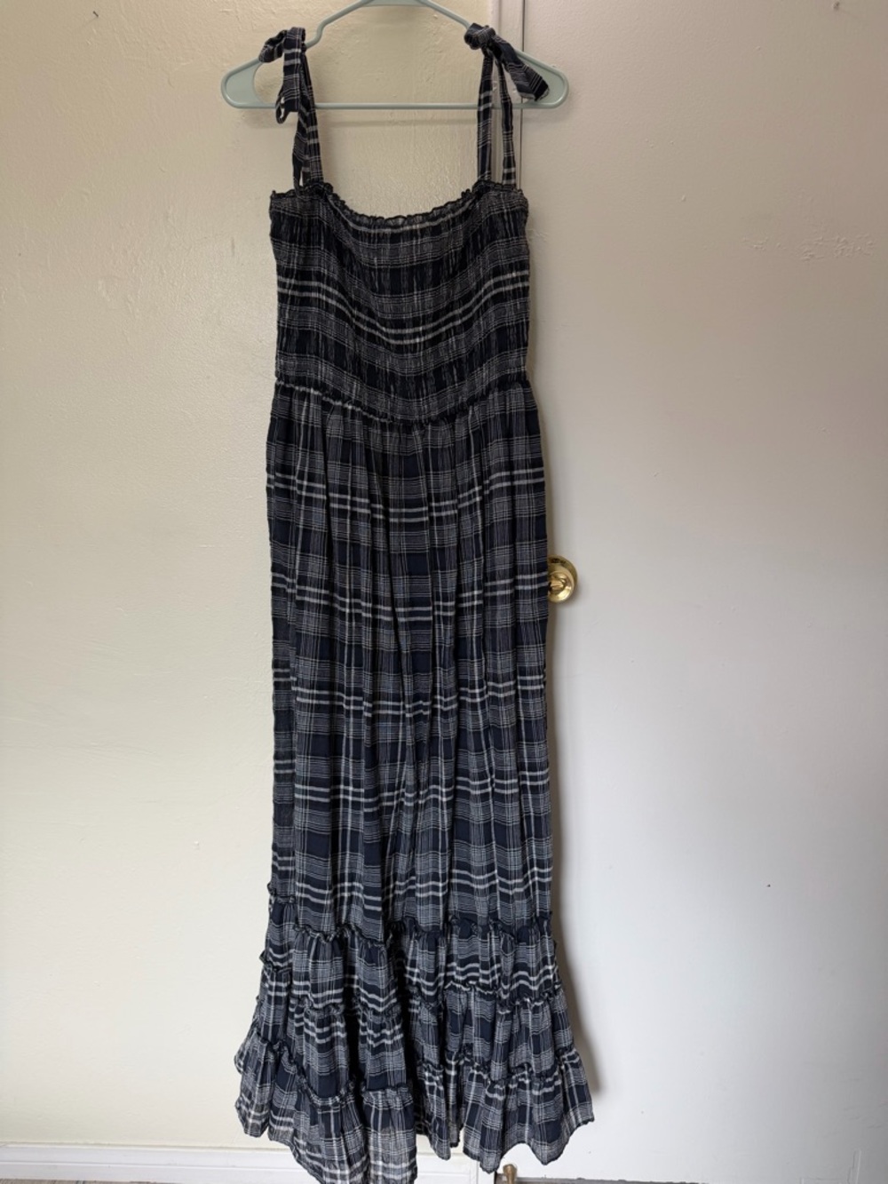 Smocked Plaid Tie-Shoulder Maxi Dress in Black & Gray